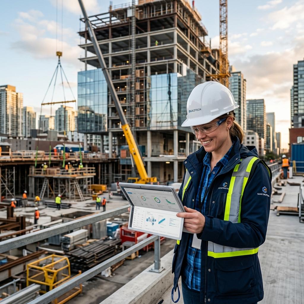 Construction site with structural frame under way