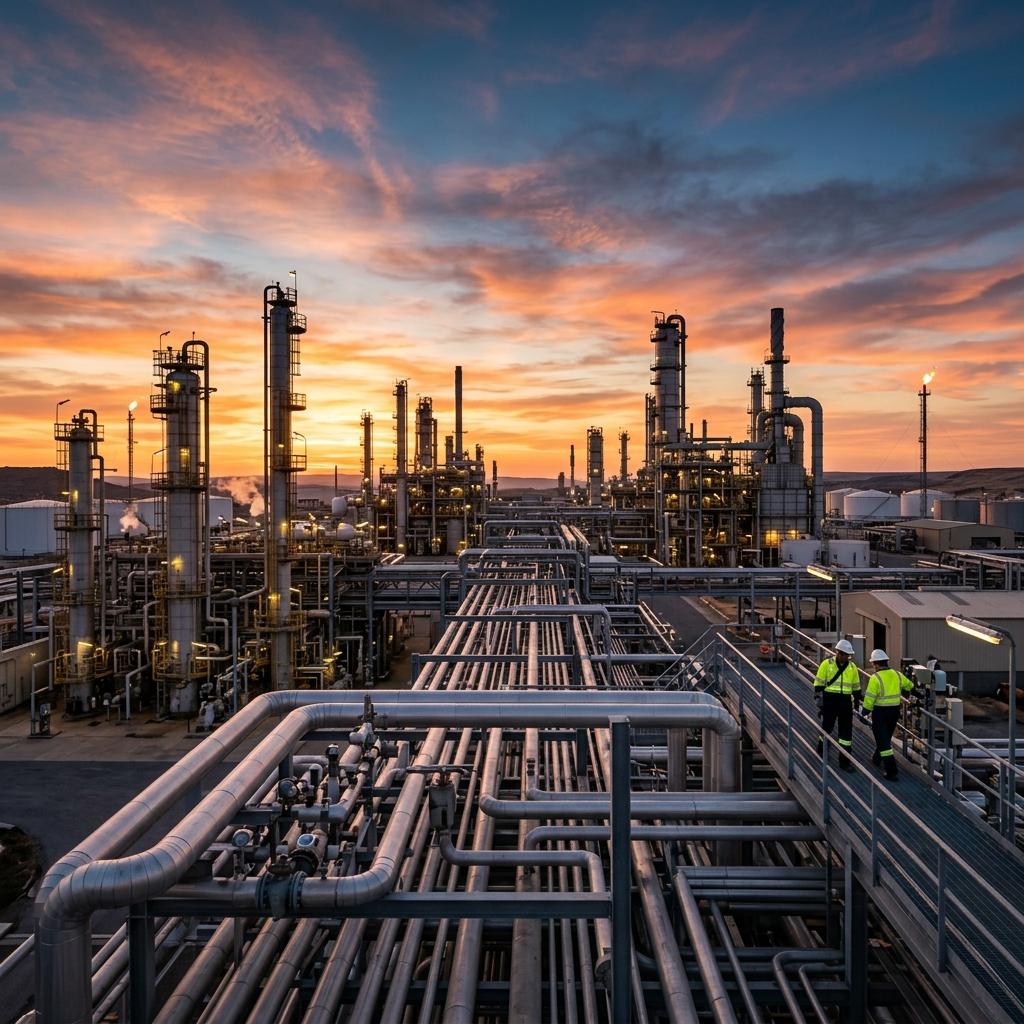 Process piping and distillation columns at an oil and gas facility at dusk