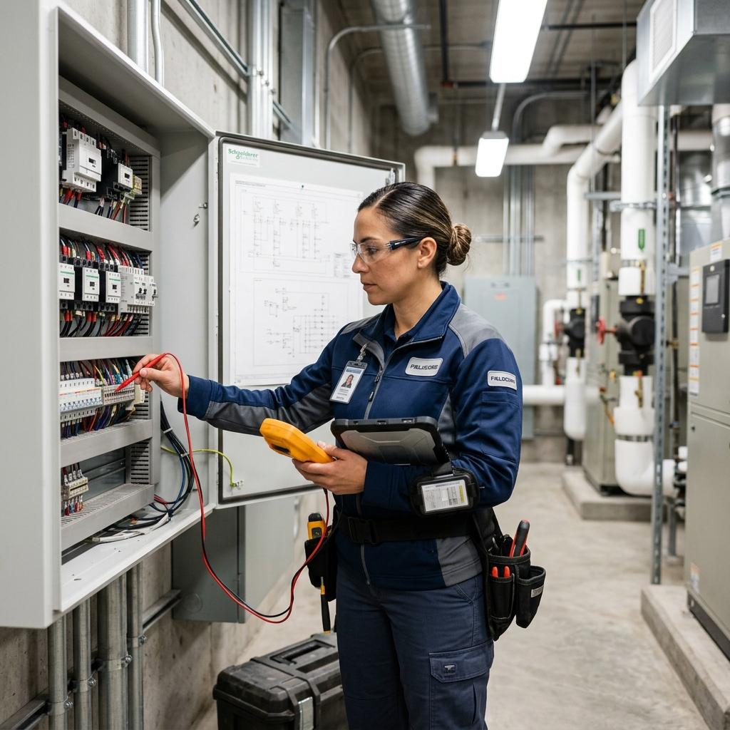 Field service technician working on equipment at a customer site